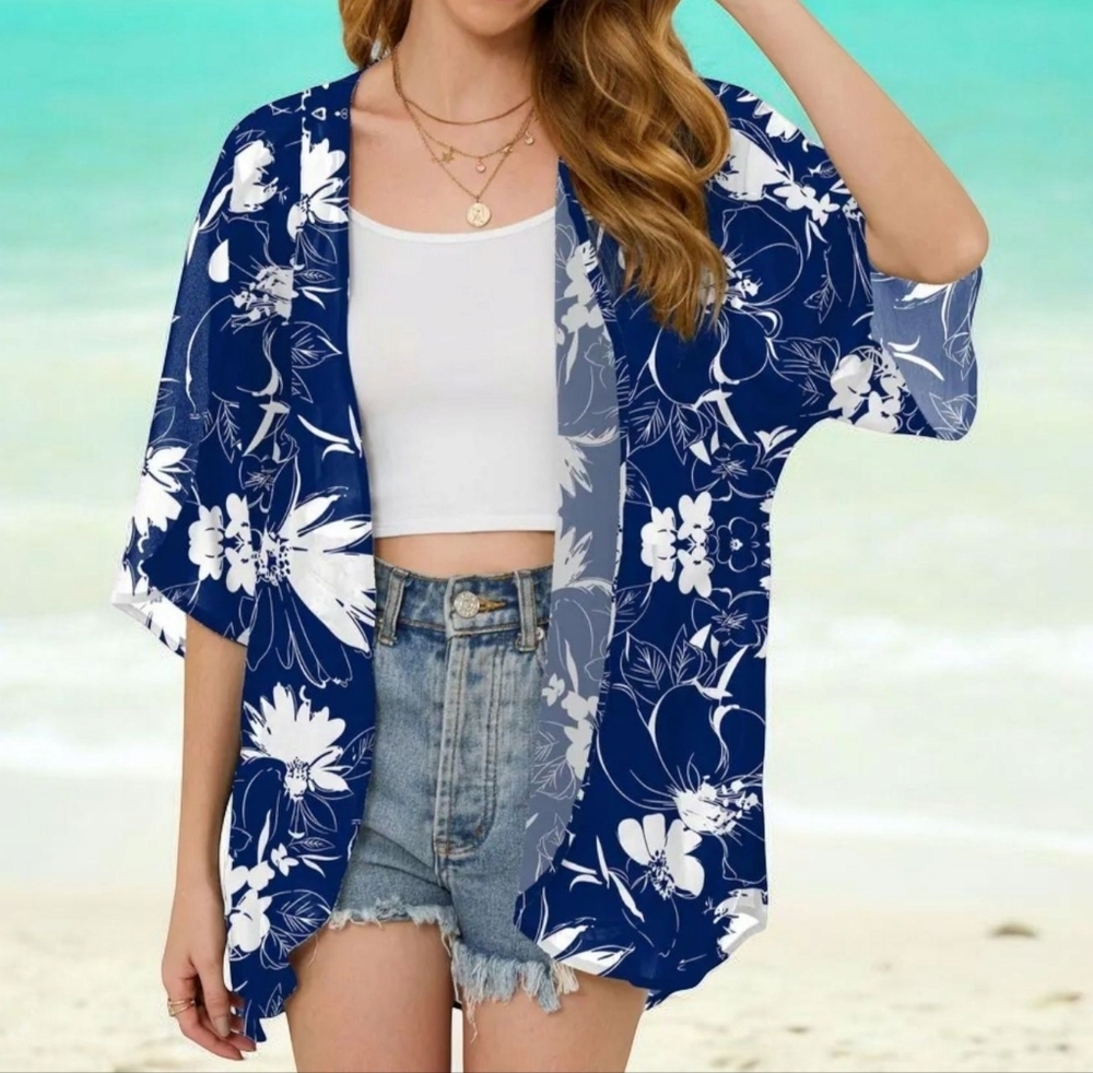 NEW! Navy Blue Floral Kimono Cardigan – Lightweight & Stylish     Sz Large